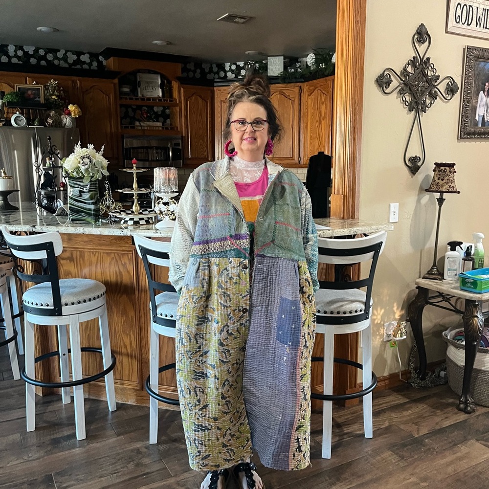 NEW- Jaded Gypsy Boho Kantha Patchwork Long Coat - Multi Color - Picture 2 of 11